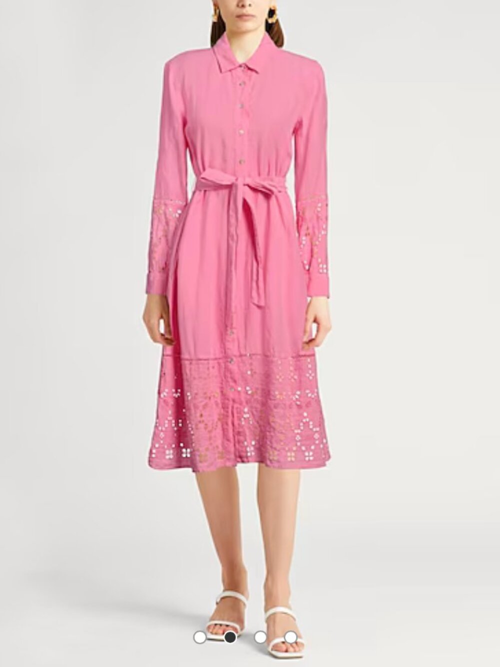 $736 120% Lino Pink 100% Linen Eyelet Midi Shirt Dress sz 40 IT / US 4-6